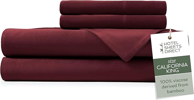 Hotel Sheets Direct 4 Piece Bed Sheet Set California King Size, 100% Viscose Derived from Bamboo Sheets Set with 2 Pillowcases, Cooling & Breathable Luxury Bedding, Moisture-Wicking & Silky, Burgundy