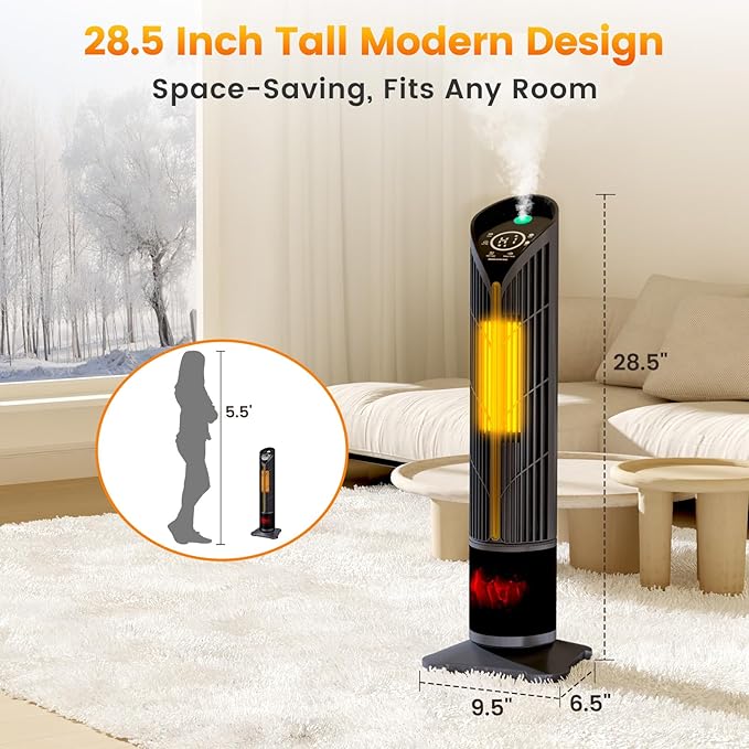 Auertech Space Heater with Humidifier & LED Light, 3 in 1 Portable Electric Heater with 3D Flame, Oscillating Room Heaters with Eco Mode, 28.5" Tower Heaters for Indoor Use Large Room, Office, Bedroom