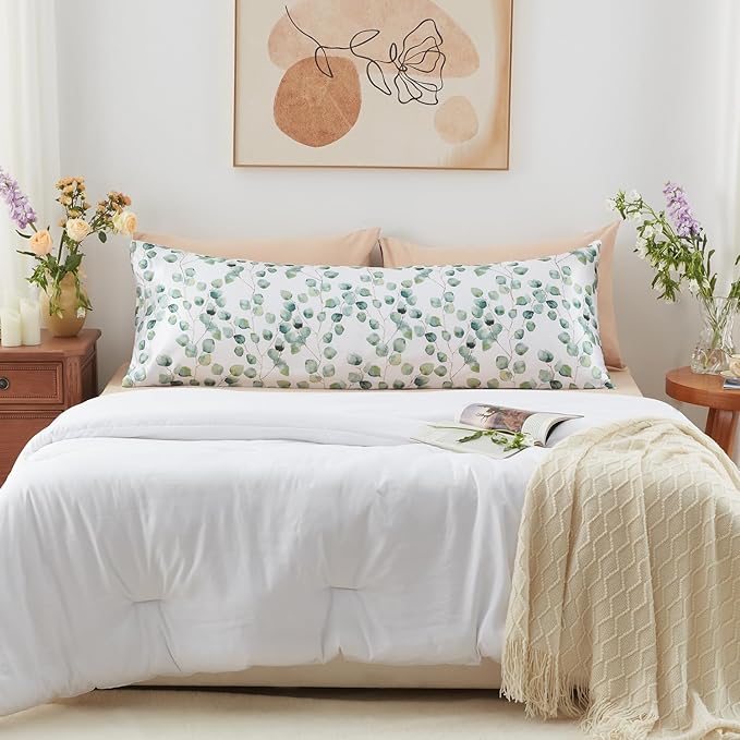 EXQ Home Satin Body Pillow Pillowcase Super Soft Silk Pillowcase, Body Pillow Cover with Envelope Closure Ink Leaf (20"x54")