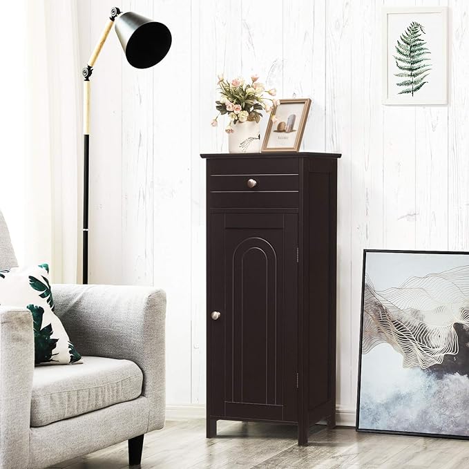 Tangkula Bathroom Floor Cabinet, Wooden Side Storage Cabinet, Freestanding Single Door Bathroom Cabinet with Large Drawer & 2 Adjustable Shelves for Living Room Kitchen (Brown)
