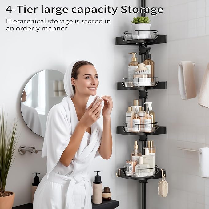 Corner Shower Caddy Tension Pole, 4 Tiers Rotating Shower Organizer for Bathroom Shelf Bathtub, Adjustable Standing Shower Rack Bathroom Accessories, Easily Assemble, 34-124 Inch Height,Black