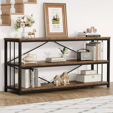 HSH Low Bookshelf, Industrial Wood 3 Tier Extra Long Horizontal Bookcase, Wide Open Metal Large Book Shelf for Bedroom Living Room, Rustic Brown, 70 Inch