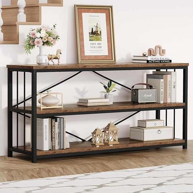 HSH Low Bookshelf, Industrial Wood 3 Tier Extra Long Horizontal Bookcase, Wide Open Metal Large Book Shelf for Bedroom Living Room, Rustic Brown, 70 Inch