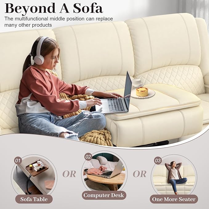 3-Seater Recliner Sofa, Manual Reclining Couch with Multi-Functional Middle Seat, Reclining Sofa for Living Room with Hidden Storage Space, Cup Holders, and Removable Console