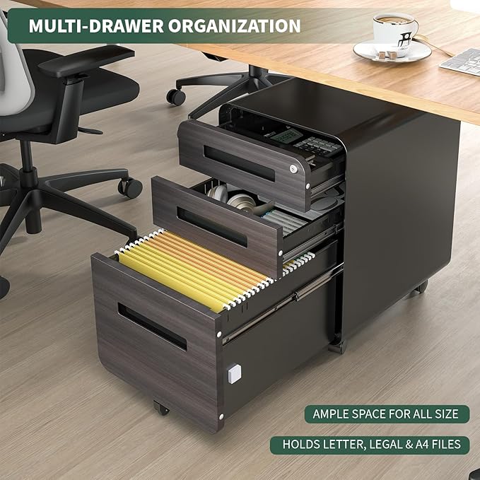 3 Drawer Mobile File Cabinet with Lock,Rolling Under Desk Storage Organizer,Fits A4/Letter/Legal Files, Metal Frame with Wheels for Home & Office