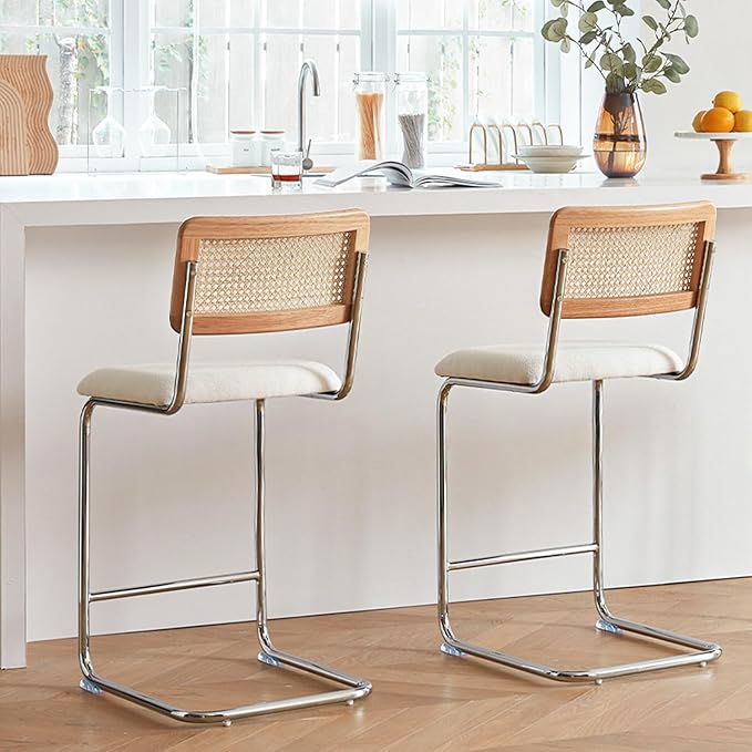 Natural Rattan Counter Height Stools Set of 2 with Solid Wood Back, 24 Inch Mid Century Modern Cesca Bar Stools, White Upholstery Boho Stool for Kitchen Counter with Chrome Metal Legs