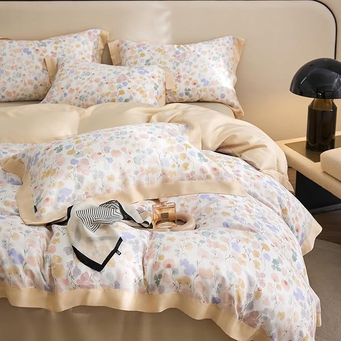 mixinni Shabby Chic Breathable Lyocell Duvet Cover Set Soft Aesthetic Colorful Painting Flowers Cooling Bedding for Hot Sleepers with 2 Pillow Shams, Zipper Closure and 4 Ties, Twin XL Size