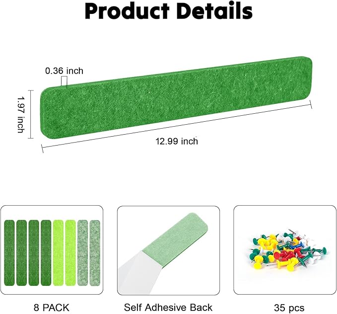 8Pcs Felt Bulletin Board Strips, Cork Board Strips for Walls Self Adhesive with 50 Pushpins, Colorful Cork Strips for Office Classroom Decor, Small Bulletin Board to Paste Photos, Notes (Green)