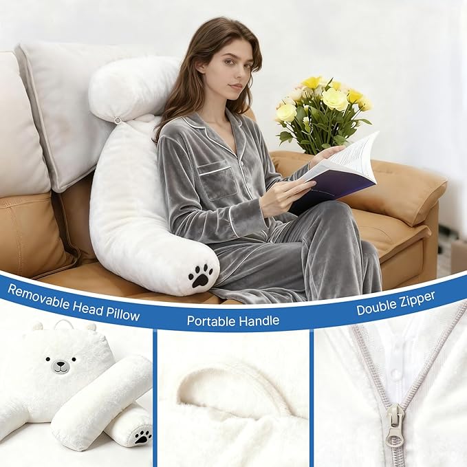 Reading Pillow Plus, Crystal Velvet Back Pillow Bed Sitting Up for Adult & Children, Back Rest Pillow Support for Reading & Rest Bed, Add Height and Removable Pillows Design, for Xmas Gift, Lvory