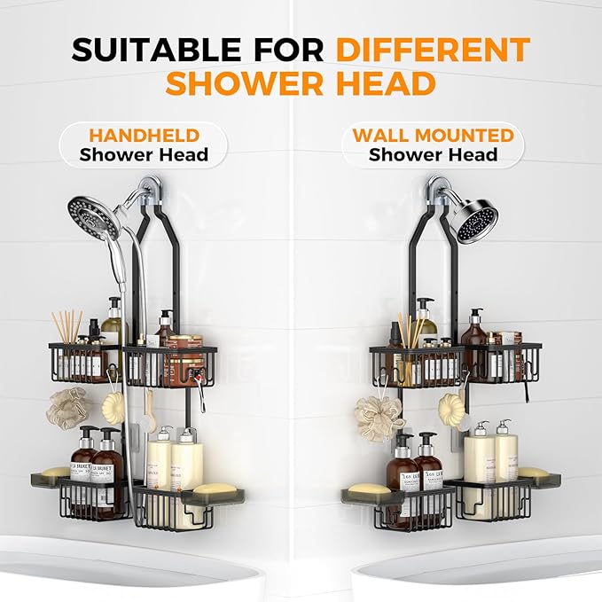 REINHARDT Aluminum Shower Caddy Hanging Adjustable Shower Caddy, Rustproof Hanging Shower Organizer with Hooks Soap Holders, Over Shower Head Caddy for Handheld Showerhead, Black