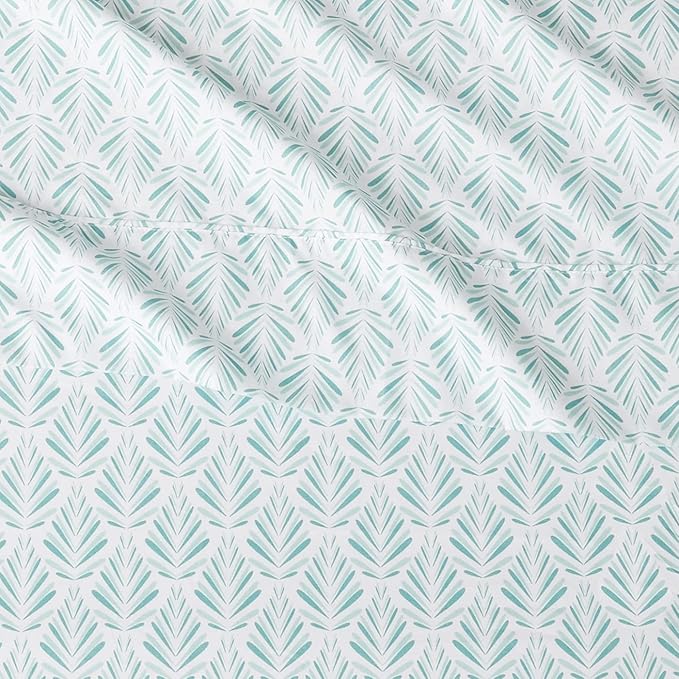 Amazon Basics Lightweight Super Soft Easy Care Comfortable Microfiber 4-Piece Bed Sheet Set with 14-Inch Deep Pockets, Queen, Aqua Fern, Printed AmazonBasics