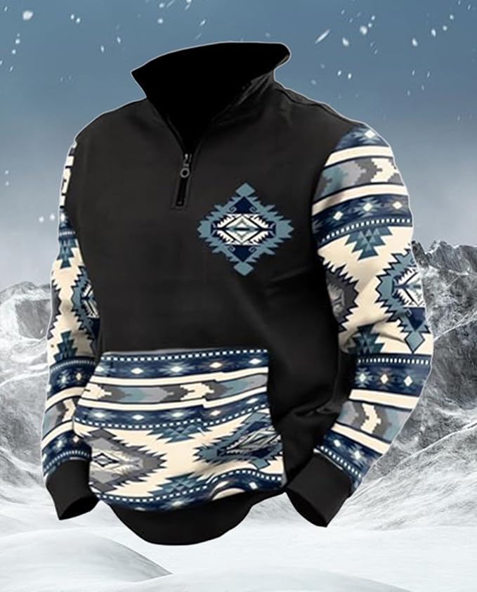 Western Sweatshirts for Men Aztec Cowboy Vintage Graphic Fleece Hoodie Mens Quarter Zip Pullover Country Jacket