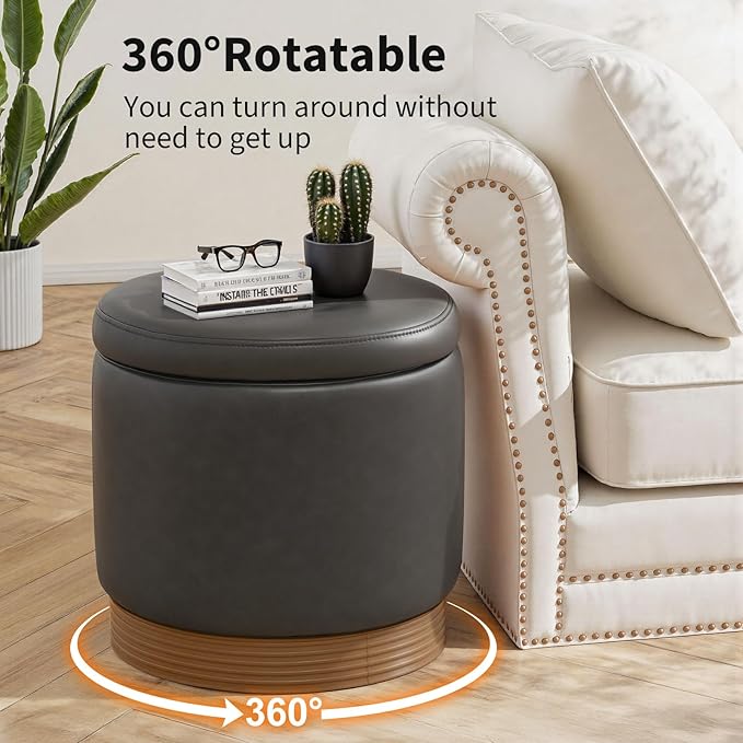 Round Storage Ottoman,Swivel Vanity Stool-Smooth Faux Leather Foot Rest,Footstool Pouf with Sturdy Acacia Wood Frame(500lbs),Small Coffee Table & Hidden Storage Ottoman for Living Room