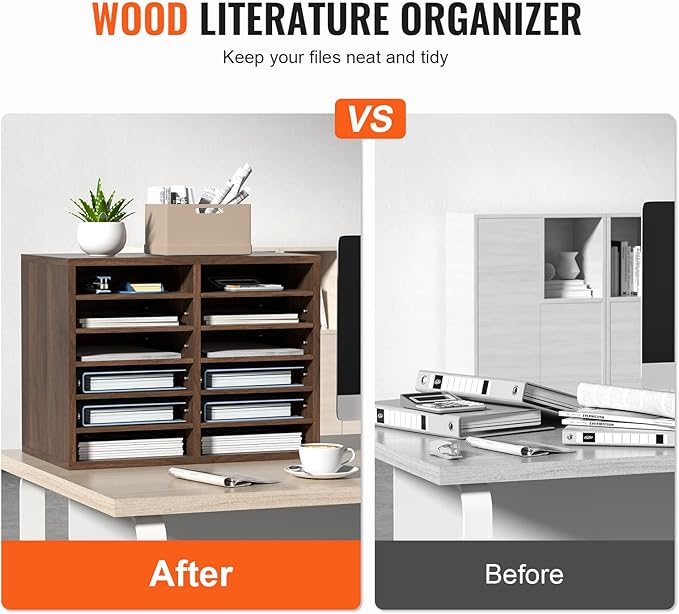 VEVOR Literature Organizers, 12 Compartments Office Mailbox with Adjustable Shelves, Wood Literature Sorter 20.4x12x16.1 inches for Office, Home, Classroom, Mailrooms Organization, EPA Certified Brown