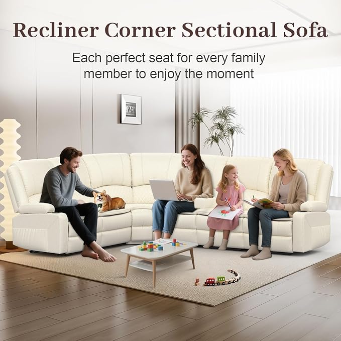 Manual Reclining Sectional Sofa Set, 6 Seats Soft Leather Recliner Corner Sectional Couch, Family-Sized L-Shaped Recliner Couch with USB Charging, Thickened Padding, Sturdy Frame, White