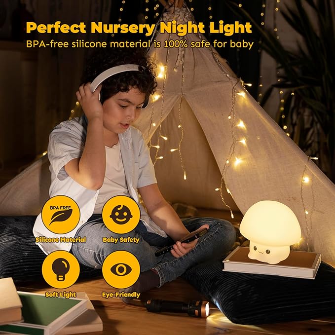 LED Squishy Animal Night Light - 2 Level Dimmable Nursery Lamp, Rechargeable Touch Lamp, Cute Dorm Decor - Perfect Boys Girls Gift (Cartoon Mushroom)