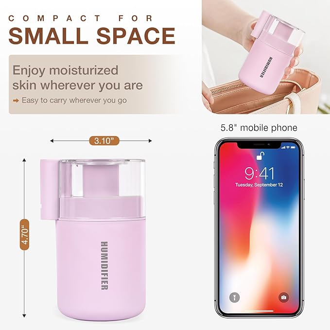 Portable Mini Humidifier, 180ml USB Cool Mist Small Humidifiers for Bedroom, Personal Desktop Humidification for Car Office Travel & Indoor Plants(Pink)