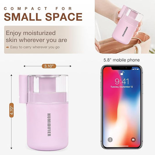 Portable Mini Humidifier, 180ml USB Cool Mist Small Humidifiers for Bedroom, Personal Desktop Humidification for Car Office Travel & Indoor Plants(Pink)