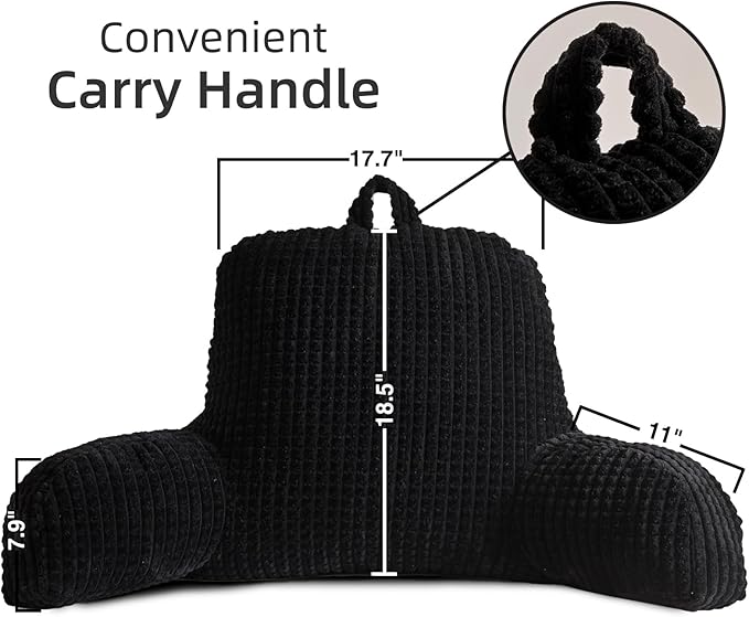 A Nice Night Reading Pillow Bed Wedge Large Adult Children Backrest with Arms Back Support for Sitting Up in Bed/Couch for Lounging Bedrest,Waffle Stereoscopic Design,Black