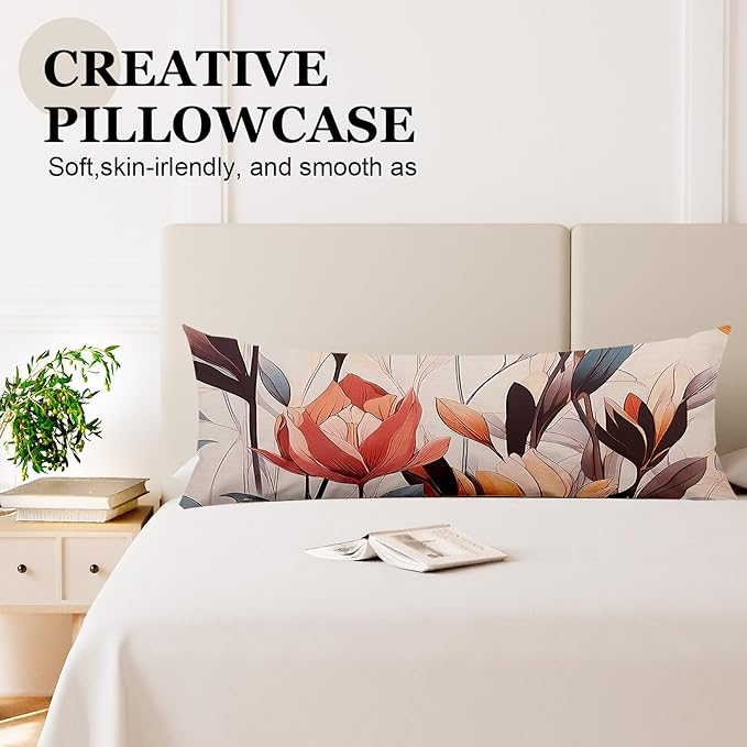 Microfiber Body Pillow Cover with Hidden Zipper,Comfortable Fabric,Floral Print Pattern Body Pillow Case,Lightweight and Breathable,The Size is 20 "X 54"(Tulip-18)