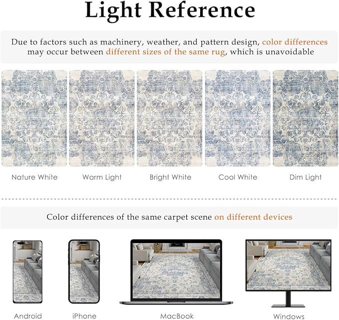 8x10 Washable Neutral Area Rug Blue Vintage Living Room Bedroom Carpet Non-Slip Soft Low Pile Floral Indoor Large Throw Rug for Dining Room Office