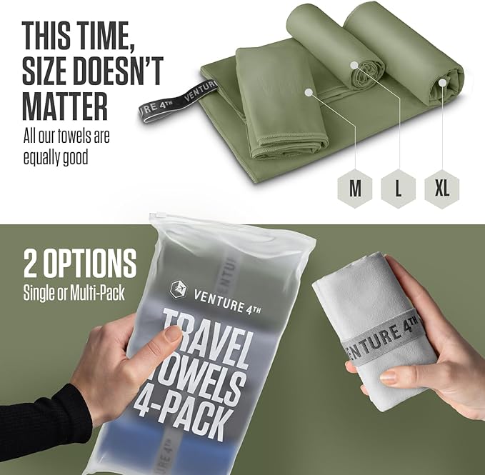 VENTURE 4TH - 4pcs Quick Dry Towels. Microfiber Travel Towels Ideal for Camping, Hiking, Backpacking, Gym. Lightweight & Fast Drying Travel Towels for Body. Compact & Easy to Pack - 4 Pack Extra Large