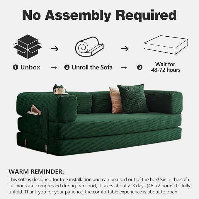 78.8" Convertible Sofa Bed -Compression Sofa with Corduroy Fabric - with Armrests and Backrest - Modular Sectional for Living Room, Bedroom, Studio - Compression Sofa in Box (Dark Green)