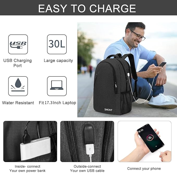 SMONT 17 Inch Large Laptop Backpack for Men, Mens Business Bookbag for Computer Office Tech Commuter Work with USB Charging Port Anti Theft Water Resistant Dark Grey
