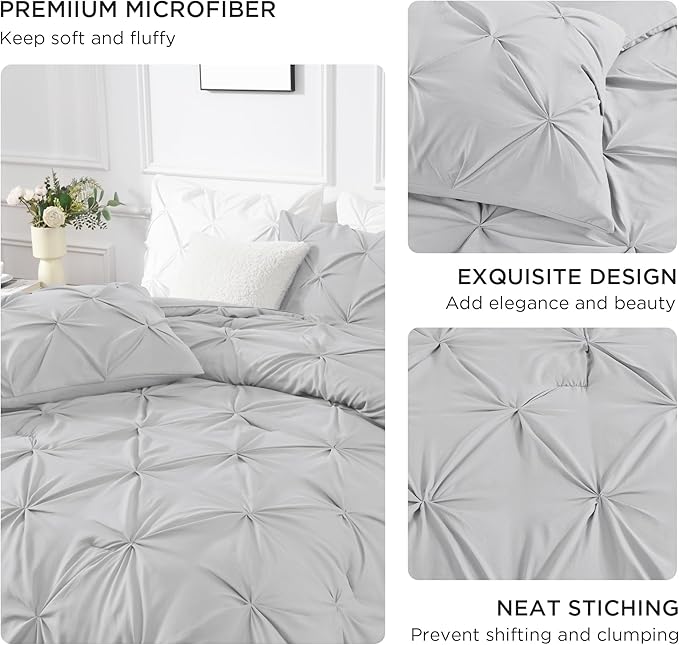 Andency Light Grey King Size Comforter Set, 3 Piece Gray Pinch Pleat Fluffy Lightweight Bedding Set, All Season Soft Microfiber Bed Set