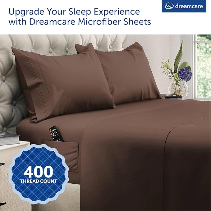 DREAMCARE Queen Sheet Set – 4 pcs Cooling Sheets – up to 21” Extra Deep Pocket Queen Sheets – Hotel Luxury – Superior Softness 100% Microfiber with Side Pocket - Mocha Brown DREAMCARE