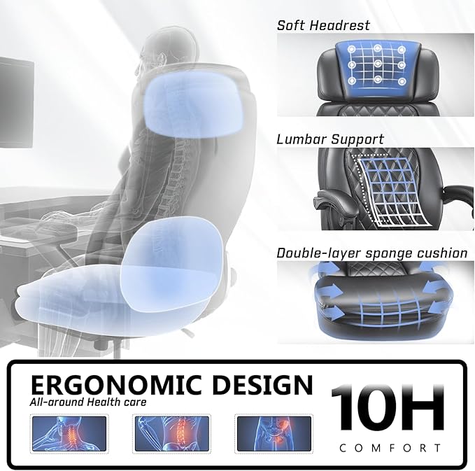 400lbs Office Chair with Foot Rest, Ergonomic Big and Tall Office Chair with Adjustable Headrest, High Back PU Leather Computer Chair,Comfy Heavy Duty Office Desk Chair (Classic Grey)