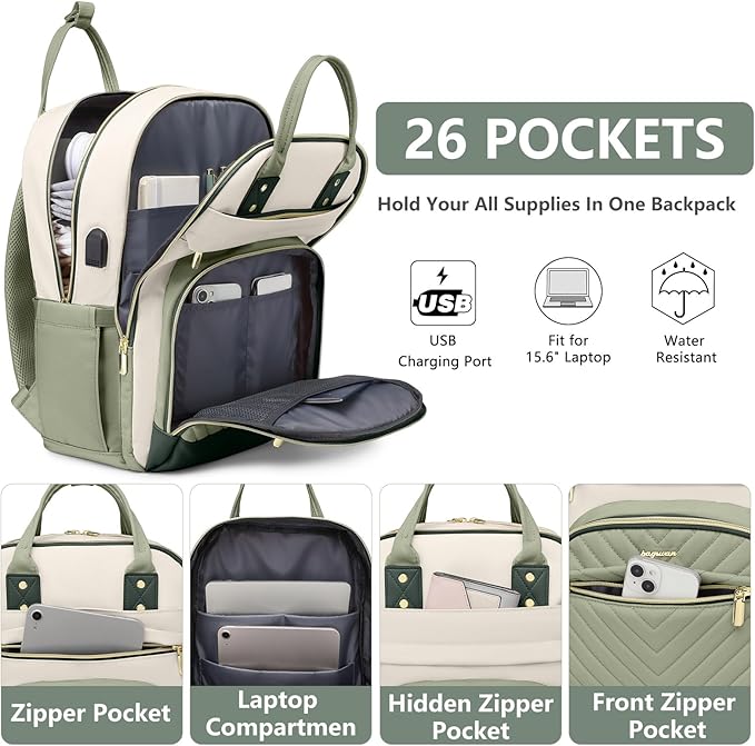 Laptop Backpack for Women Work Bag - 15.6 inch Travel Backpack with USB Charger College Bookbag Waterproof Business Computer Backpack Anti-theft Casual Backpacks for Nurse Teacher Beige Light Green