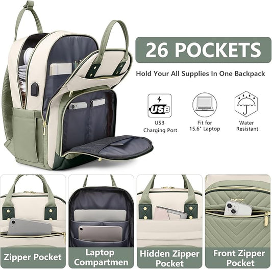 Laptop Backpack for Women Work Bag - 15.6 inch Travel Backpack with USB Charger College Bookbag Waterproof Business Computer Backpack Anti-theft Casual Backpacks for Nurse Teacher Beige Light Green