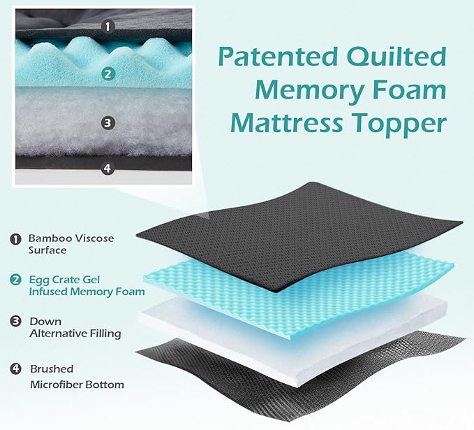 Hansleep Queen Mattress Topper Viscose Derived from Bamboo, Memory Foam Pillow Top Mattress Topper Queen with Deep Pocket, Breathable Mattress Pad for Back Pain Relief, 60" x80", Charcoal Grey