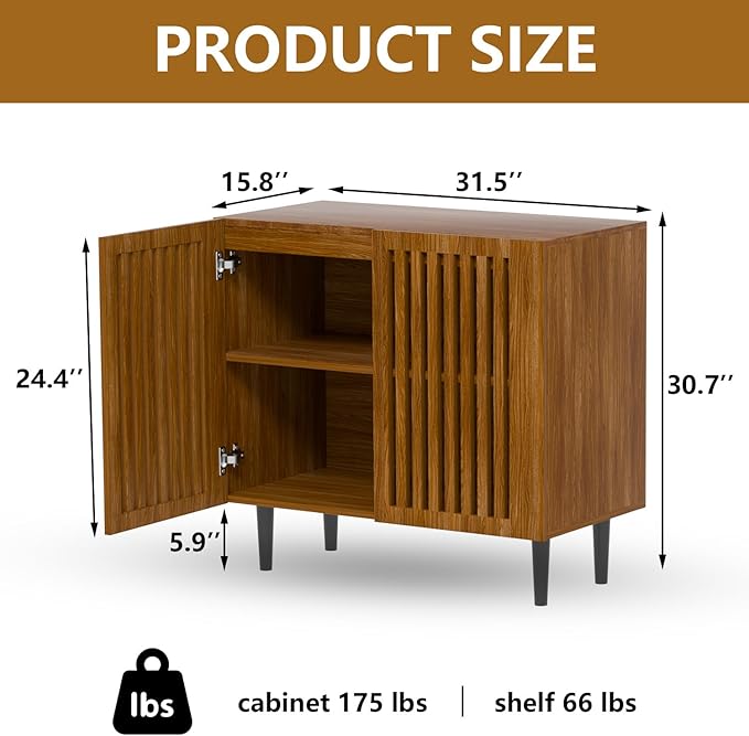 CHUWELL Farmhouse Storage Cabinet, 31.5" Buffet Accent Cabinet with 2 Doors and Adjustable Shelf, Sideboard Coffee Bar with Solid Wood Feet for Kitchen,Living Room,Brown