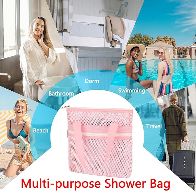 Mesh Shower Caddy Portable with Zipper & 2 Pockets - Quick Dry Shower Caddy Hanging for Travel Gym Camp Beach - Organizer Bag Bathroom Essentials for College Dorm
