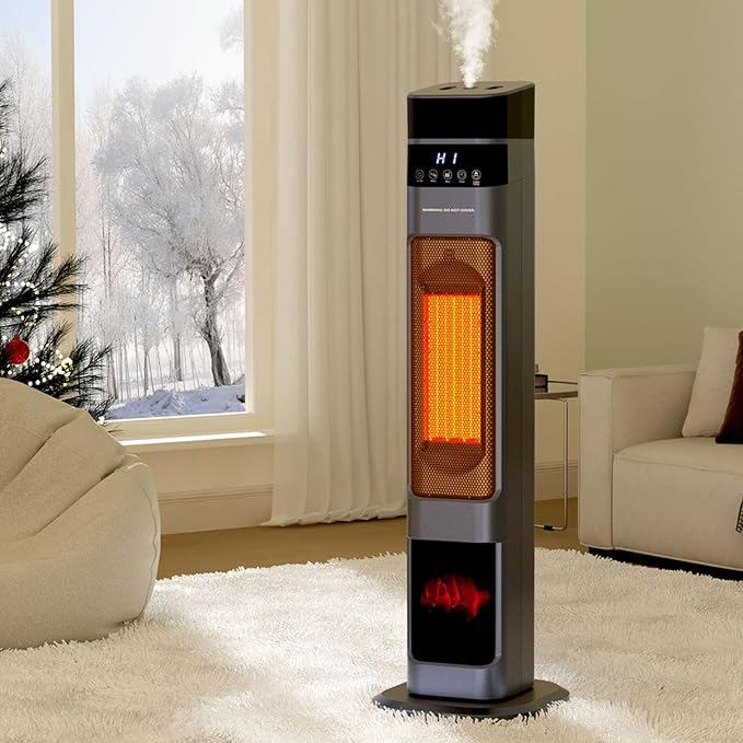 Auertech Space Heater with Humidifier, 3 in 1 Portable Electric Heater with 3D Flame & Water Tank, Oscillating Room Heaters with 12H Timer, 31" Tower Heaters for Indoor Use Large Room, Office, Bedroom