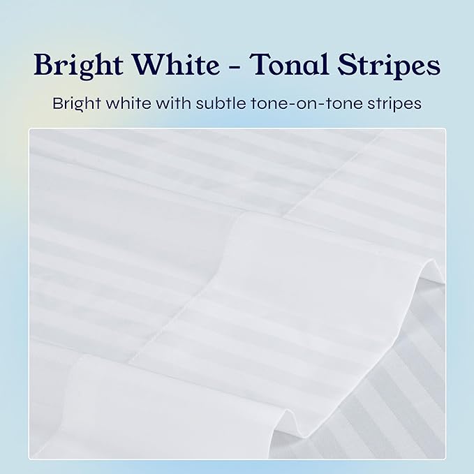 California Design Den Striped Queen Sheet Set - Soft 400 Thread Count Sateen, Natural 100% Cotton Sheets with Deep Pockets, and Durable Bedding Set - Striped White CaliforniaDesignDen