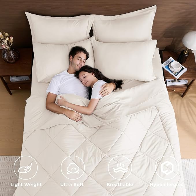 HEVUMYI Ivory Twin Comforter Set - 5-Piece All Season Bed in a Bag Twin, Ultra Soft Bedding Set with Comforter, Flat Sheet, Fitted Sheet, Pillowcases, Pillow Shams