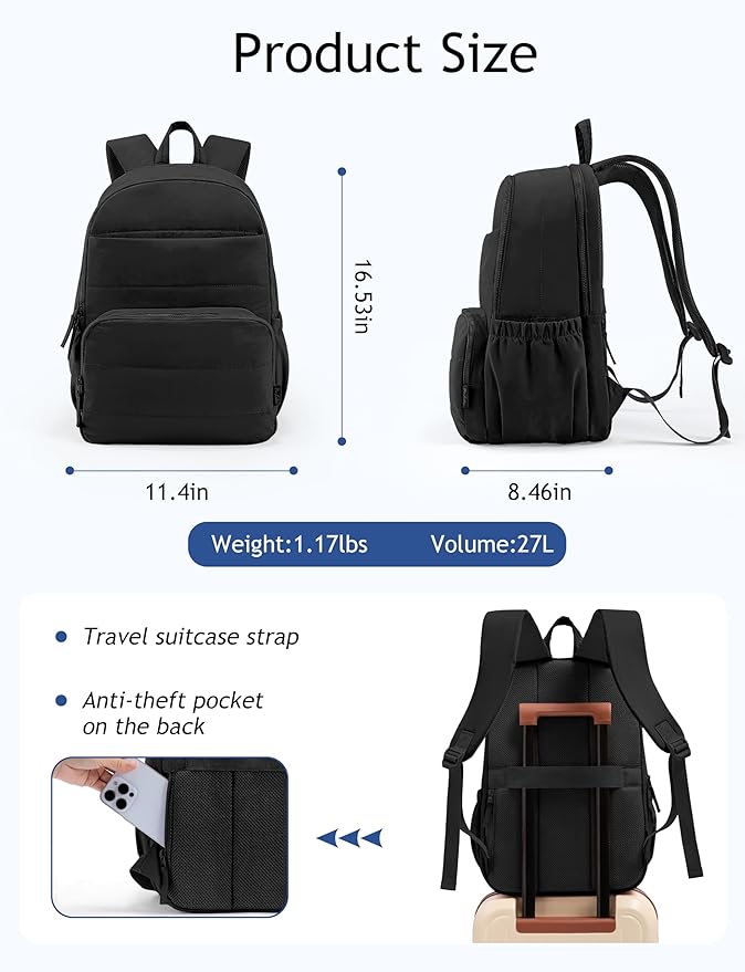 Travel Backpack for Women, 15.6 Inch College Laptop Backpack, Water Resistant Work Backpacks, Cute Quilted Bookbag
