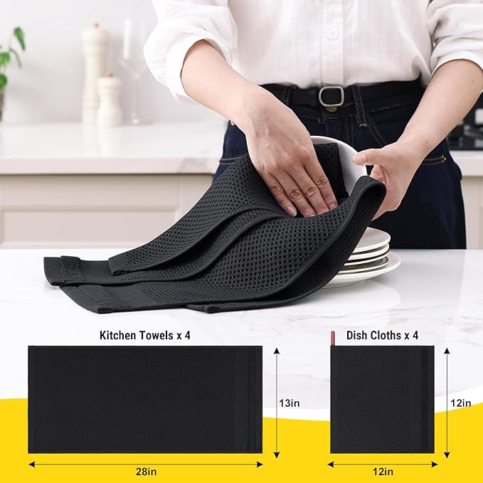 Homaxy Kitchen Towels and Dishcloths Set, 12 x 12 and 13 x 28 Inches, Set of 10 100% Cotton Waffle Weave Kitchen Towels, Super Soft and Absorbent Dish Cloths, Black