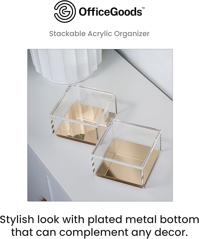 OfficeGoods 3-Tier Stackable Acrylic Holder- Stylish Desk Organizer and Storage for Office or Home – Transparent Square Design with Gold Metal Base