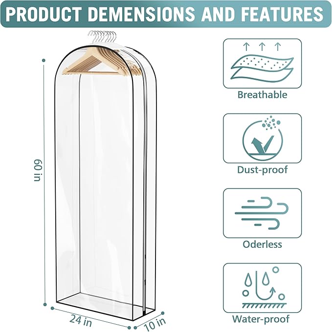 Clear Garment Bag for Hanging Clothes 10” Gusseted, 60” Suit Bags for Open Closet Storage Plastic Clothes Cover for Coat, Dress, Shirts, Fur, Jacket, Wardrobe Protectors, 4 Pack