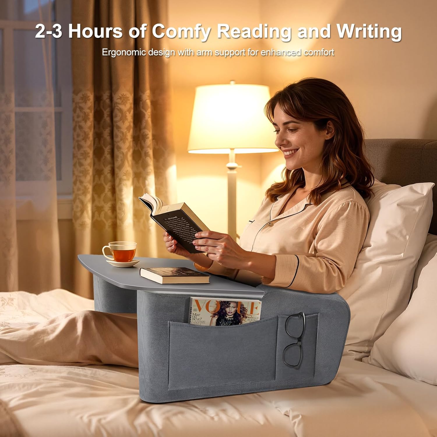 Reading Pillow for Gaming with Ergonomic Arm Rests, Wooden Lap Desk for Laptop, Support Pillow with Side Pockets for Reading, Writing, Working, Gaming on Bed, Couch or Floor (Gray, Large)