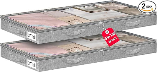 3 Inch Low Profile Under Bed Storage Bins with NO STURCTURE Design, Shallow Clothes Storage Bags with Clear Lids & Waterproof Fabric - Fits Under Sofa, Couch, Dorm, or College Beds，40x20x3inch，Grey