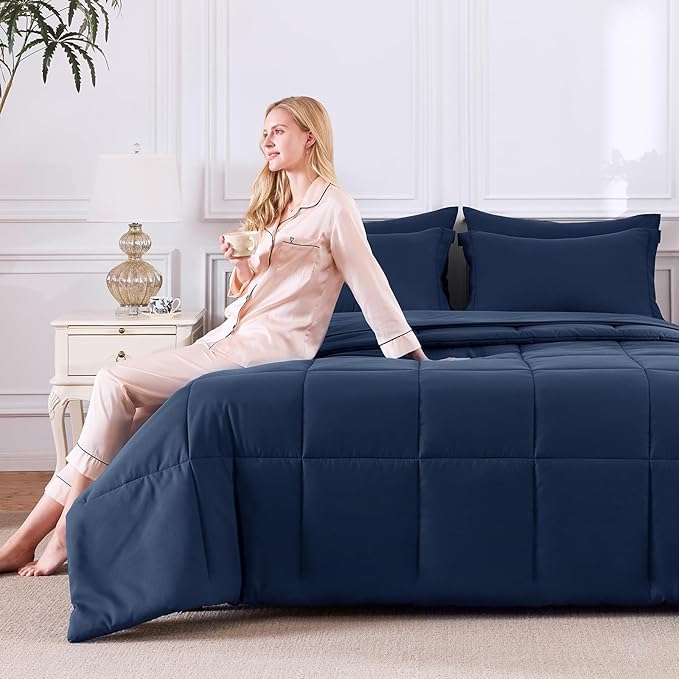 CozyLux Queen Comforter Set Navy Blue - 7 Pieces Bed in a Bag Queen, All Season Breathable Bedding Sets, Oeko-Tex Certified Bed Set with Down Alternative Comforter, Sheets, Pillowcases & Pillow Shams