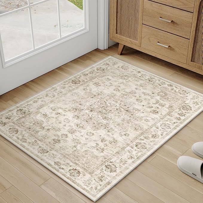 2x3 Washable Neutral Area Rug Beige Vintage Entryway Kitchen Carpet Non-Slip Soft Low Pile Floral Indoor Small Throw Rug for Bedroom Bathroom Entrance