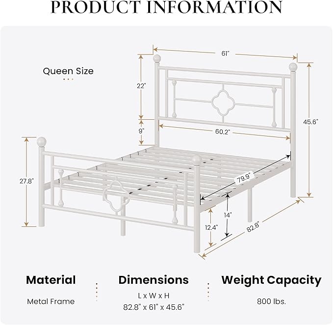 SHA CERLIN 14 Inches Queen Size Metal Platform Bed Frame/Vintage Iron-Art Headboard and Footboard/Mattress Foundation for Storage/No Box Spring Needed/Noise-Free/Easy Assembly/White
