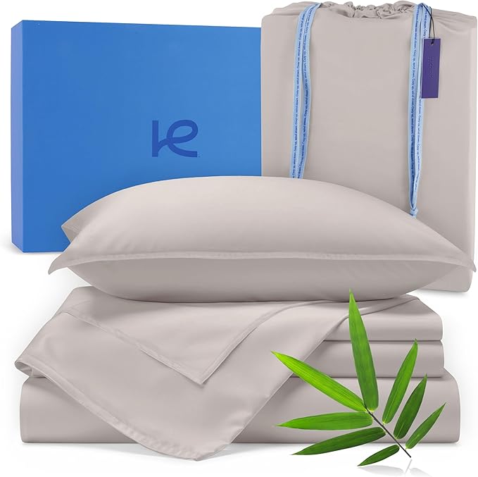 Kickoff Viscose Bamboo Sheets California King Size 4-pc 100% Organic Bamboo Viscose Bed Cooling Sheets Cal King Set Cool Bedding for hot Sleepers Sheet, Flat, Fitted, Pillowcases (Light Grey, CK) KickoffHome