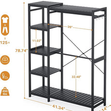 Homykic Bamboo Clothes Rack Garment Rack for Hanging Clothes, Heavy Duty Clothing Rack with 7 Tiers Adjustable Shelves, Double Rods, 4 Hooks, Freestanding Closet System Organizer Wardrobe, Black